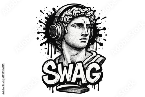 Antique sculpture in headphones with SWAG slogan. Vector for t-shirt print. Classic Greek statue bust listening to music. Modern street art graffiti style halftone design.