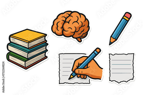 Education and learning vector icon set. Back to school collage stickers. Knowledge, study, writing concept. Brain, stack of books, pencil, torn paper. Halftone illustration.