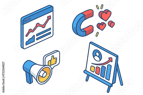Social media marketing analytics isometric icon set. Customer engagement, audience growth, data chart, magnet for likes, presentation and megaphone promotion for SMM strategy.