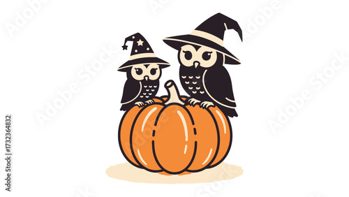 Halloween Owl Duo: Two whimsical owl figures, adorned in iconic witch hats, perch atop a vibrant pumpkin, embodying the spooky spirit of Halloween with delightful charm.