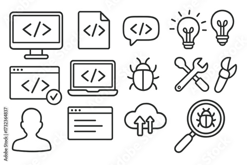 Software development line icon set. Coding and programming thin outline symbols. Vector graphic elements for web, app development, debugging, API, UI, UX, and cloud computing.