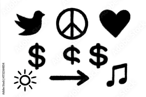 Graffiti spray elements big set. Urban street art collection with grunge texture. Stencil icons: bird, peace symbol, heart, dollar, sun, arrow, music note. Isolated vector.