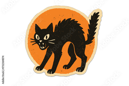Black cat on Halloween. Scared hissing angry feline with arched back. Vintage retro paper collage. Halftone zine sticker. Spooky character for October party decoration vector.