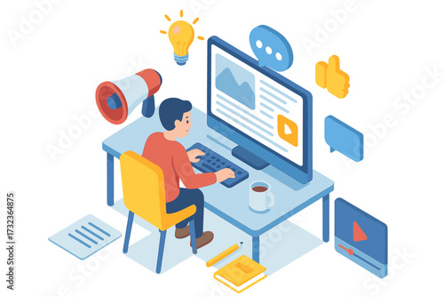 Content creation isometric concept. Digital marketing, storytelling, copywriting. Man at computer desk writing blog post. SMM and SEO strategy. Idea, video, social media.