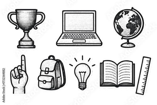 Back to school sticker set. Hand-drawn education icons in retro collage halftone style. Vector elements for learning, study, and achievement, including laptop, book, and globe.