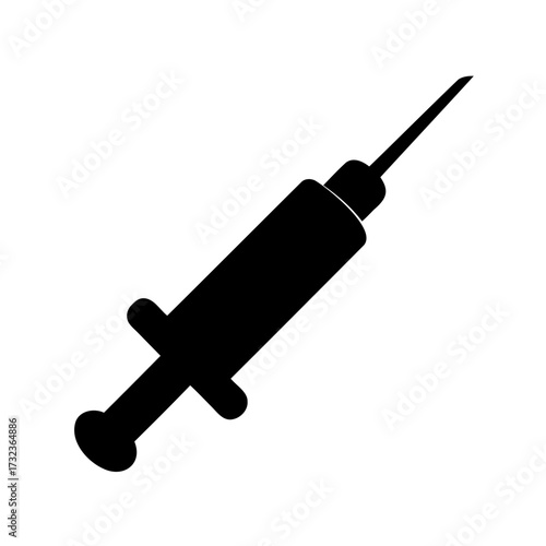 A black and white silhouette of a hypodermic syringe with needle