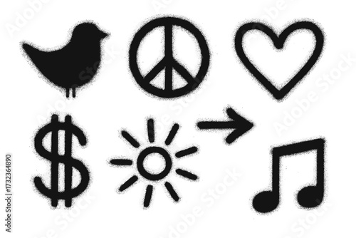 Graffiti spray elements set. Urban street art icons. Stencil collection. Sprayed texture bird, peace, heart, dollar, sun, arrow, music note. Grunge aerosol symbols.