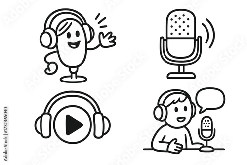 Podcast and streaming icon set. Vector doodle illustration of microphone, headphones, and podcaster character. Radio broadcast, audio recording, and communication concept.
