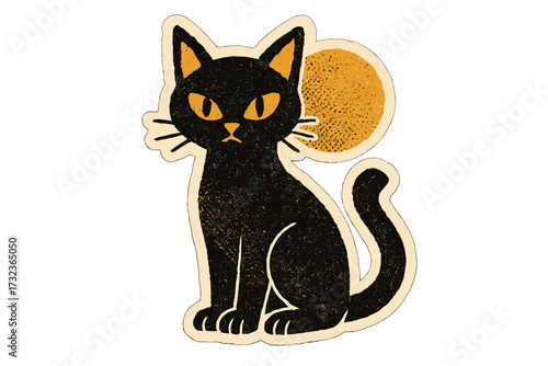 Vintage black cat Halloween illustration. Retro paper cutout sticker with halftone texture. Spooky and mysterious feline character. 90s zine collage style for witchcraft concept.