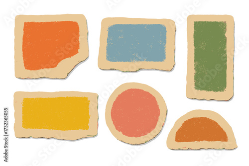 Collage art set with vintage paper elements. Torn craft notebook shapes with colored texture pattern. Zine culture scrapbooking illustration. Vector abstract label collection.