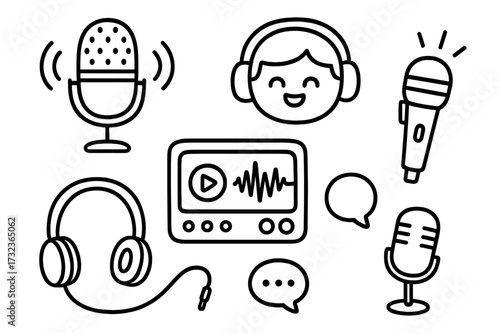 Podcast audio recording icon set. Doodle line art collection for broadcasting, streaming, and interviews. Vector microphone, headphones, and sound wave symbols. Isolated elements.