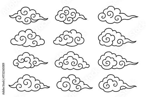 Set of traditional Chinese clouds. Asian style oriental ornament collection. Hand drawn linear doodle vector illustration. Japan culture art element for decoration. Sky pattern design.