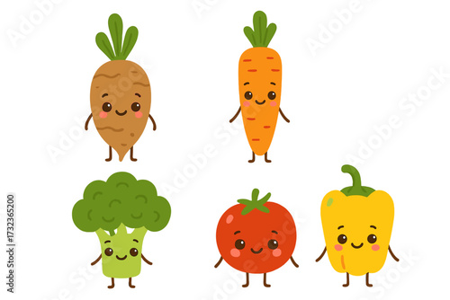 Cute cartoon vegetable characters set. Kawaii food collection for kids. Healthy vegan eating concept. Vector illustration of happy carrot, broccoli, tomato, pepper, and root mascots.