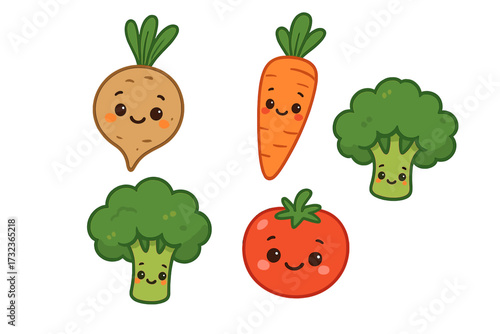 Cute cartoon vegetable characters set. Kawaii faces of root, carrot, broccoli, tomato. Vector food illustration collection for kids. Childish vegan emoji, sticker, mascot icons.