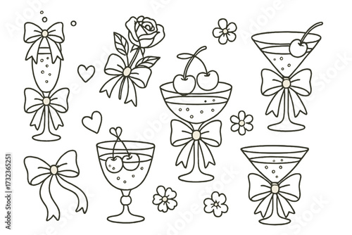 Coquette aesthetic cocktail clipart set. Girly vintage line art with champagne, martini glass, bows, ribbons, cherry, and rose. Romantic vector elements for bachelorette party.