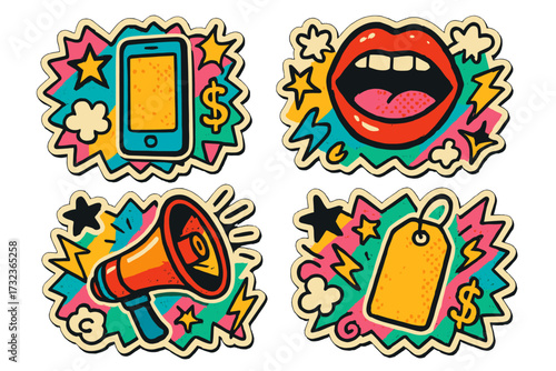 Y2K sale stickers set for promotion. Retro 90s doodle badge collection for advertising. Comic pop art collage with megaphone, mouth, phone and price tag for discounts.