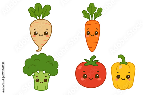 Cute vegetable characters set. Kawaii cartoon food collection with smiling faces. Happy carrot, broccoli, tomato, pepper, and root. Vector illustration for kids. Healthy vegan diet.
