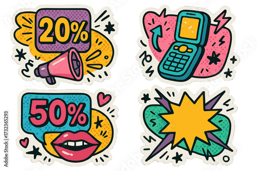 Y2K sale sticker set. 20 and 50 percent discount collage. Retro 90s doodle elements for advertising. Halftone promotion banner with megaphone, cellphone and mouth.
