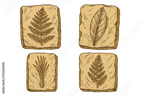 Prehistoric plant fossils set. Ancient fern leaf flora vector collection. Paleontology science illustration in vintage engraving style. Archeology geology evolution concept.
