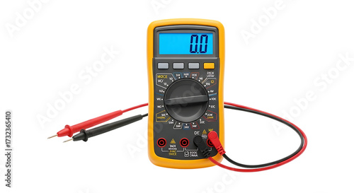 Yellow digital multimeter with red and black probes displaying zero volts isolated on white background