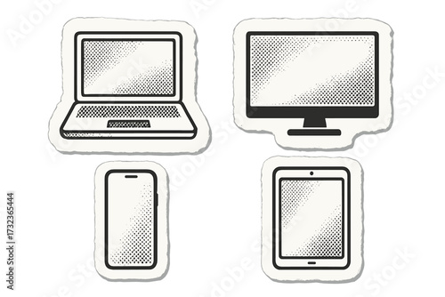 Halftone device icon set on torn paper stickers. Retro tech symbols including laptop, monitor, smartphone, and tablet. Vector for business, coworking, study and communication.