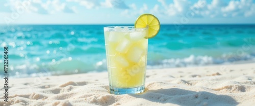 Icy Refreshment Meets Azure Waters  A Crisp and Clean Beach Cocktail Illustration