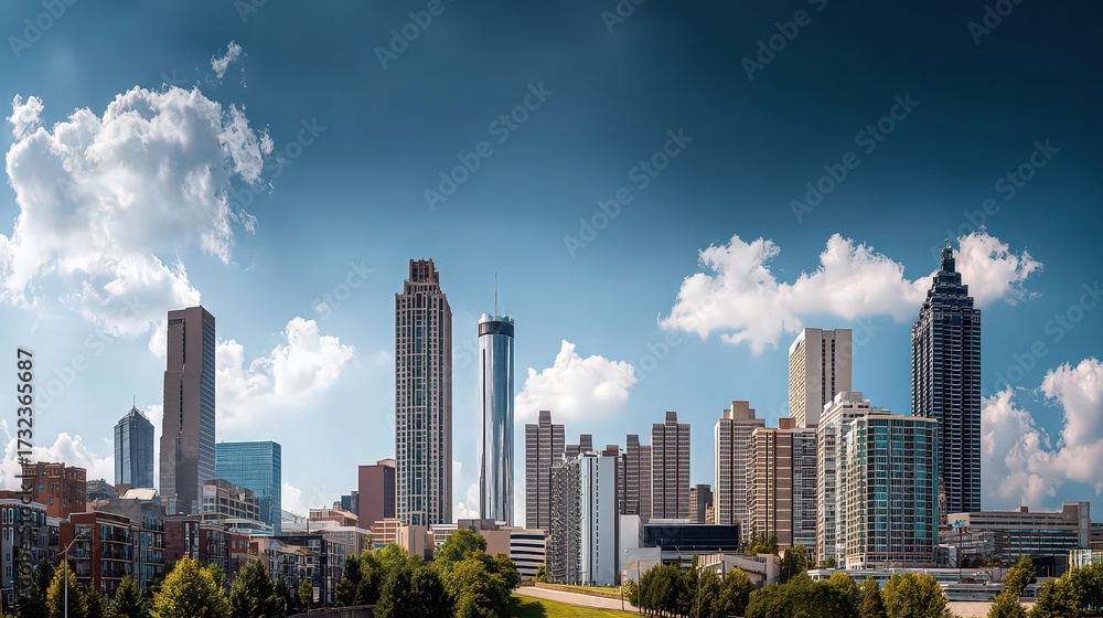 Fototapeta premium Cityscape Panorama Of Modern Skyscrapers Under Sunny Blue Sky With Clouds