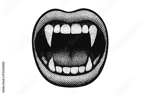 Open mouth with vampire fangs in retro halftone style. Vector analog dotted illustration of a monster smile. Horror pop art concept for Halloween. Scary dracula teeth.