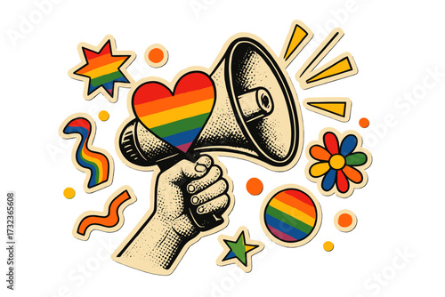 Pride Month creative banner concept. Retro collage with hand holding loudspeaker. Rainbow heart for love and support of the LGBTQ community. Vector for gay and lesbian rights.