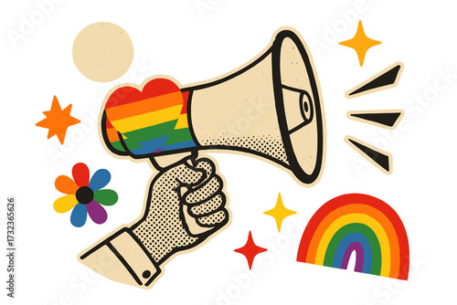 Pride Month retro collage banner. Hand in pop art style holds megaphone with rainbow heart. Loudspeaker announcing LGBTQIA+ love, equality and rights. Gay parade concept vector.