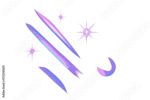 Prism light overlay with sparkles and flares. Abstract crystal shine, diamond glitter, and holographic rainbow effect. Glass refraction or lens flare spectrum. Lilac fantasy glow.