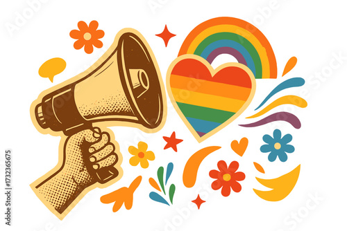 Retro Pride Month vector collage with hand holding megaphone. Concept for LGBTQ rights, love, and celebration. Rainbow heart and paper cut-out elements for a creative banner design.