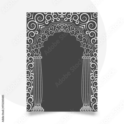 An elegant and intricate vertical frame featuring a classical Islamic or Indian archway with highly decorative columns and elaborate swirling filigree patterns.