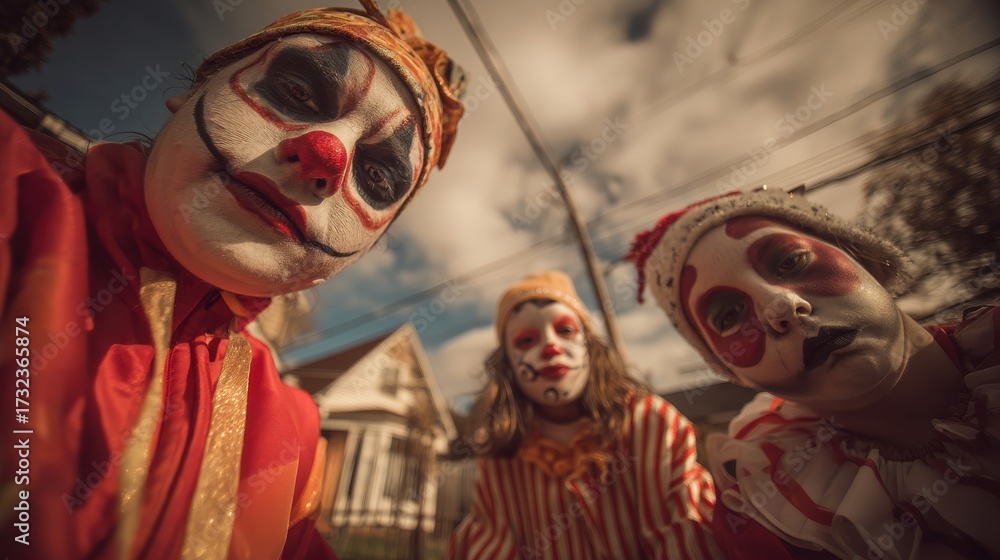 Obraz premium Spooky Fashion Theme: Children wearing creative Halloween costumes in suburban street 