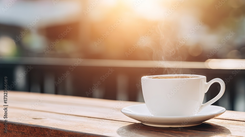 Obraz premium crema. Steaming hot latte cup on an elegant cafe table, evoking a warm morning breakfast atmosphere. bar promotions, beverage menus, designed for food & beverage menus and cafe branding.