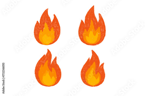 Fire flames set with crayon and chalk texture. Hand drawn burning bonfire clipart. Childish vector illustration of hot cartoon fireballs. Doodle spark and campfire symbols.