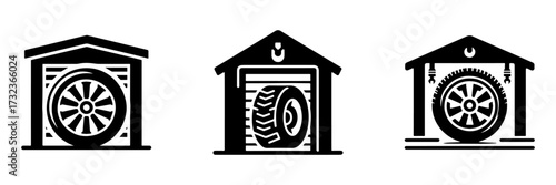 Modern Minimalist Garage Wheel Icon, Flat Silhouette of a Vehicle Part Vector for Automotive Illustration Design
