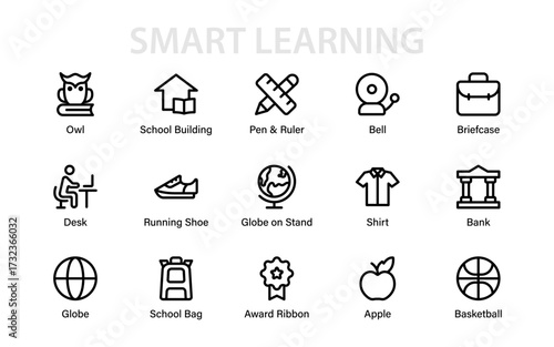 Smart Learning Essentials Icon Set featuring owl, school, pen, desk, award, apple, basketball, backpack, and globe for education and achievement visuals