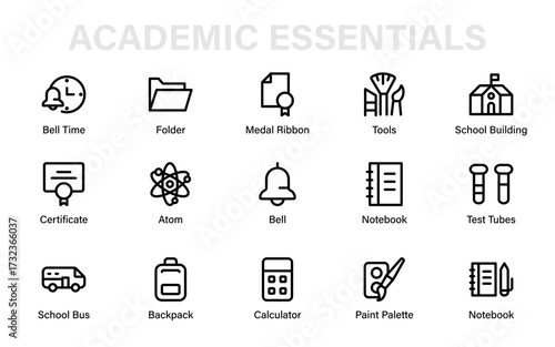 Academic essentials line icon set featuring school, learning, science, art, math, and achievement elements for education, study, and classroom design