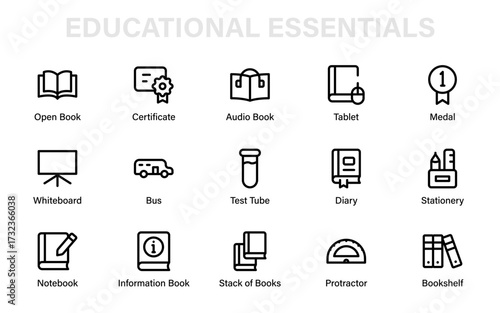 Educational essentials icon set with books, certificates, whiteboard, medal, test tube, and study tools for school, library, and classroom design