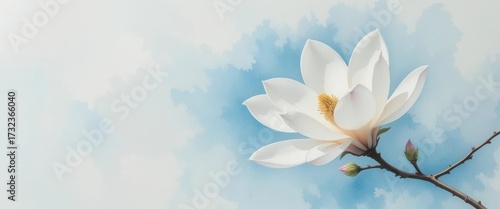 Watercolor White Magnolia Blossom, Soft Blue Sky Background, Delicate Brushstrokes, Ethereal Light, Dreamy Floral Painting