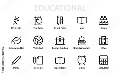 Modern educational essentials line icon set with DNA, test tube, graduation, book, school, office, sports, and learning symbols for design projects.