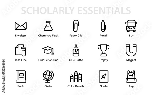 Scholarly Essentials icon set featuring education, science, school, and academic tools including stationery, awards, learning symbols, and classroom elements.