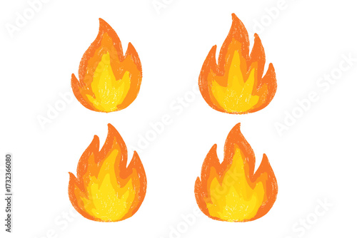 Hand drawn fire flames set. Crayon, pastel, chalk texture drawing. Vector cartoon illustration for kids. Bonfire, campfire element. Hot burn symbol. Danger, energy concept.
