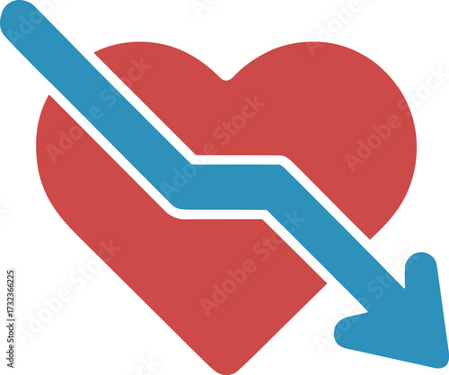 Heart health decline represented by a downward trending arrow symbol over a red heart icon, symbolizing a health recession or a negative trend in cardiovascular well-being