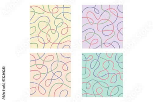Set of four abstract seamless patterns with tangled looping lines. Collection of hand-drawn backgrounds in pastel colors. Modern artistic vector graphic for wallpaper or fabric.