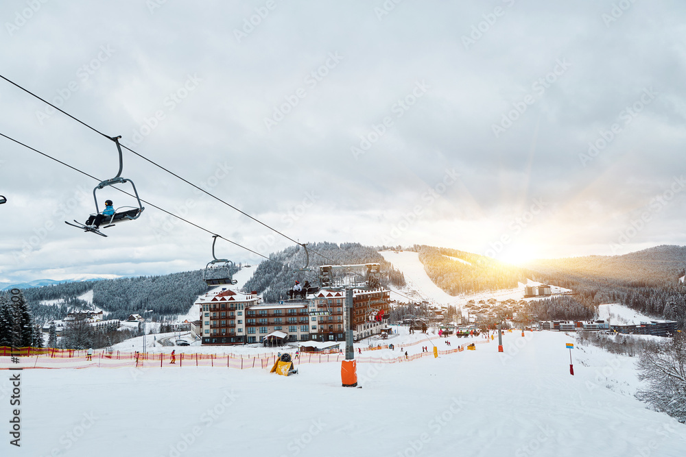 Obraz premium Chairlift at a mountain ski resort.