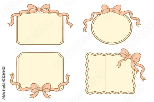 Set of vintage frames with pink bows and ribbons. Cute hand-drawn border collection for greeting cards or labels. Girly, retro aesthetic vector illustration. Elegant design element.