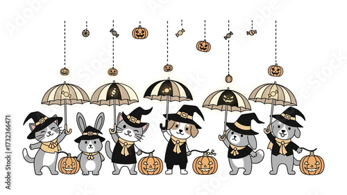 Spooky Costume Pets: A whimsical Halloween illustration showcasing a charming gathering of animal in delightful costumes, and holding umbrella. celebrating the festive spirit