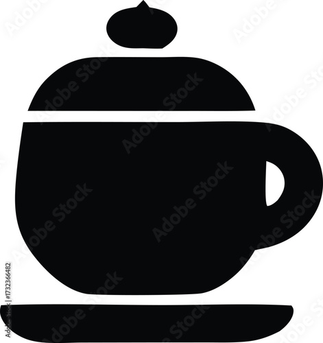 Simple black silhouette icon of a coffee cup with saucer and lid classic beverage container design for cafes and restaurants